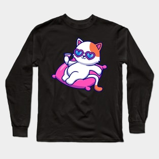 Cute Cat Chill On Pillow With Juice Cartoon Long Sleeve T-Shirt